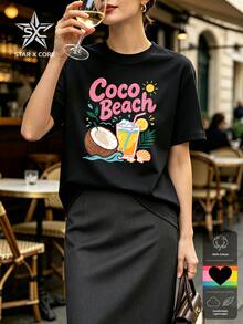 تي شيرت قطني بطباعة جرافيك كوكتيل وجوز الهند بطراز استوائي عصري من COCO BEACH لعطلة الصيف - الأسود - مشاهدة 3