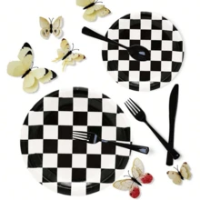 20/60/140件組 黑白棋盤格餐具套組－賽車主題派對用品，包含餐盤、餐巾紙與杯子－生日派對與賽車活動裝飾首選，餐具套組｜棋盤格圖案｜紙質材料，賽車派對裝飾 - 黑與白 - 查看 5