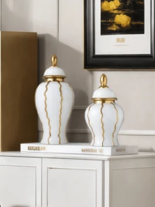 1PC White & Gold Wavy Striped Ceramic Vase Set, Modern Luxury Decorative Flower Vases For Living Room Table Home Decor - Watermelon Pattern General Jar - View 8