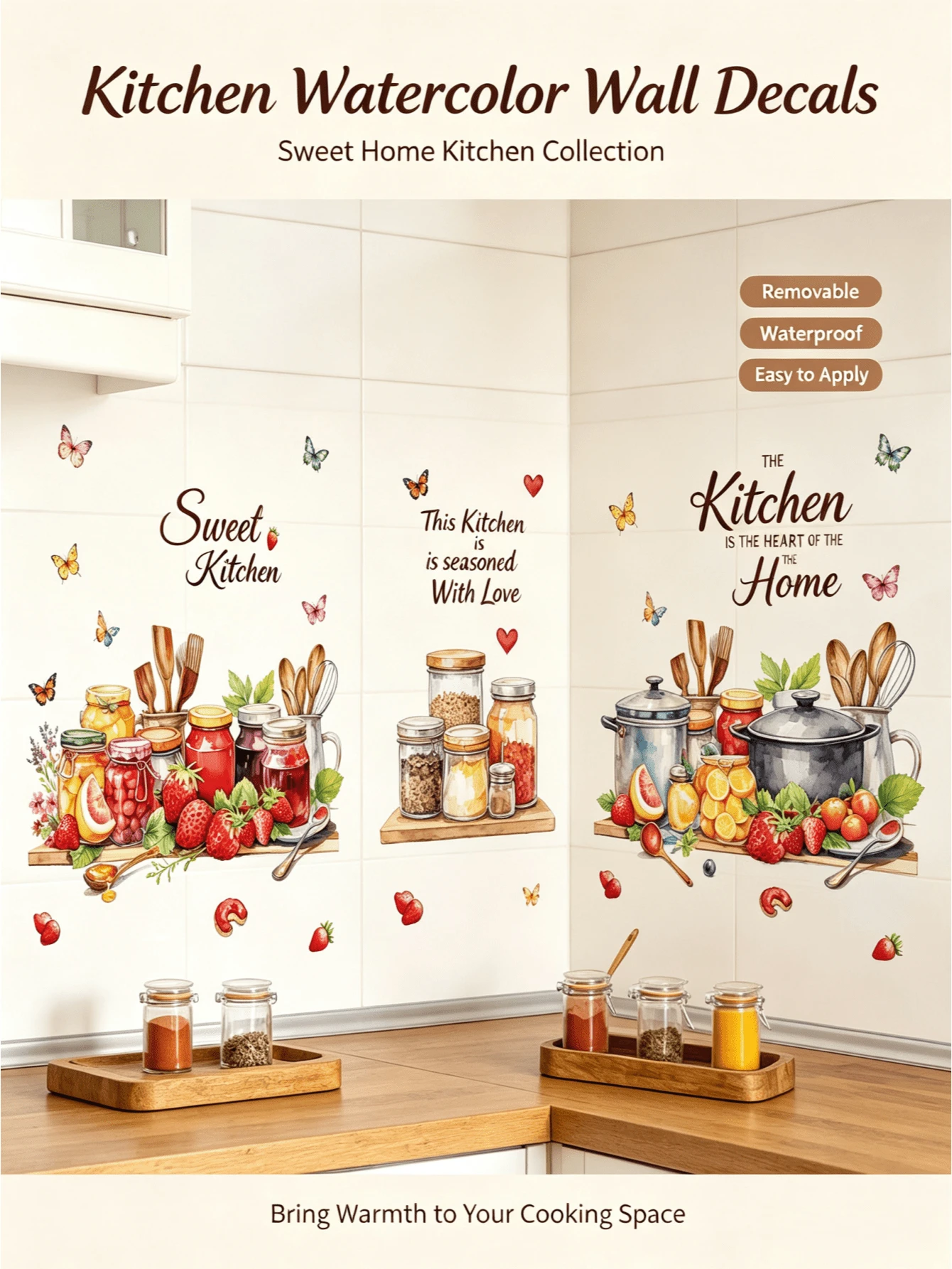 Pastoral Watercolor Jam Kitchen Wall Stickers, Waterproof And Oil-Proof, Removable Self-Adhesive Paper, DIY Cozy Kitchen Wall Decor - Wall Stickers - View 1