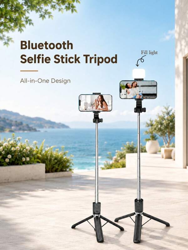 Chân đế selfie đa năng kéo dài kèm điều khiển từ xa Bluetooth, xoay 360° + chuyển đổi màn hình ngang/dọc, gấp gọn nhẹ, phù hợp du lịch, livestream, chụp ảnh nhóm, tùy chọn có đèn fill light hoặc không có đèn fill light