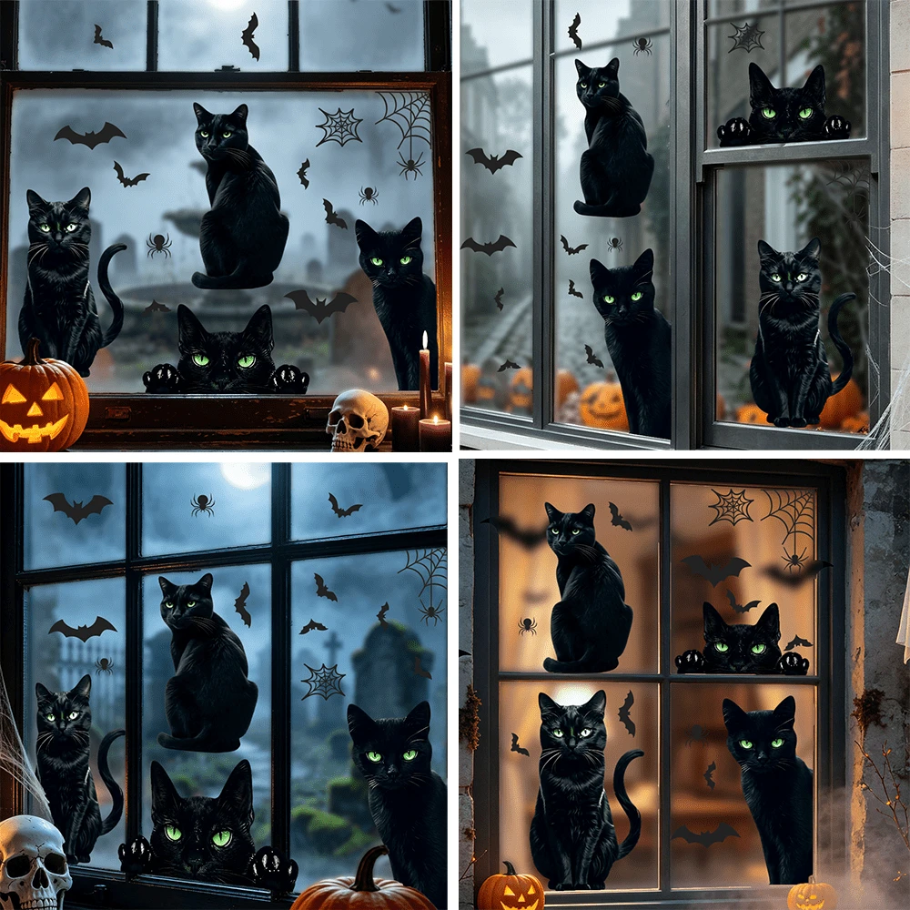 1/3 pezzi Adesivi statici per finestre con gatto nero, pipistrello e ragnatela, rimovibili e riutilizzabili, adatti per casa, ufficio, casa stregata, escape room, vetri delle finestre, creano atmosfera di Ognissanti, decorazione di Ognissanti - Adesivo per finestre con gatto nero - Visualizzare 1