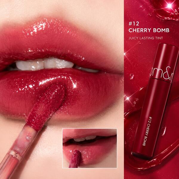 Rom&nd 1pc Bright Cherry Red Juicy Lip Glaze 5.5g High Pigment Mirror Glass Lip Gloss For Date, Photo, Party Makeup #12 Cherry Bomb