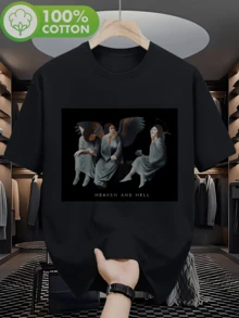 Schwarzes bedrucktes T-Shirt für Herren - "Heaven And Hell" mit Engel-Motiv, Rockband-Print, lässiges Sommer-T-Shirt mit kurzen Ärmeln und Rundhalsausschnitt, maschinenwaschbares Kleidungsstück für Konzerte, Fe - Schwarz - Übersicht 2