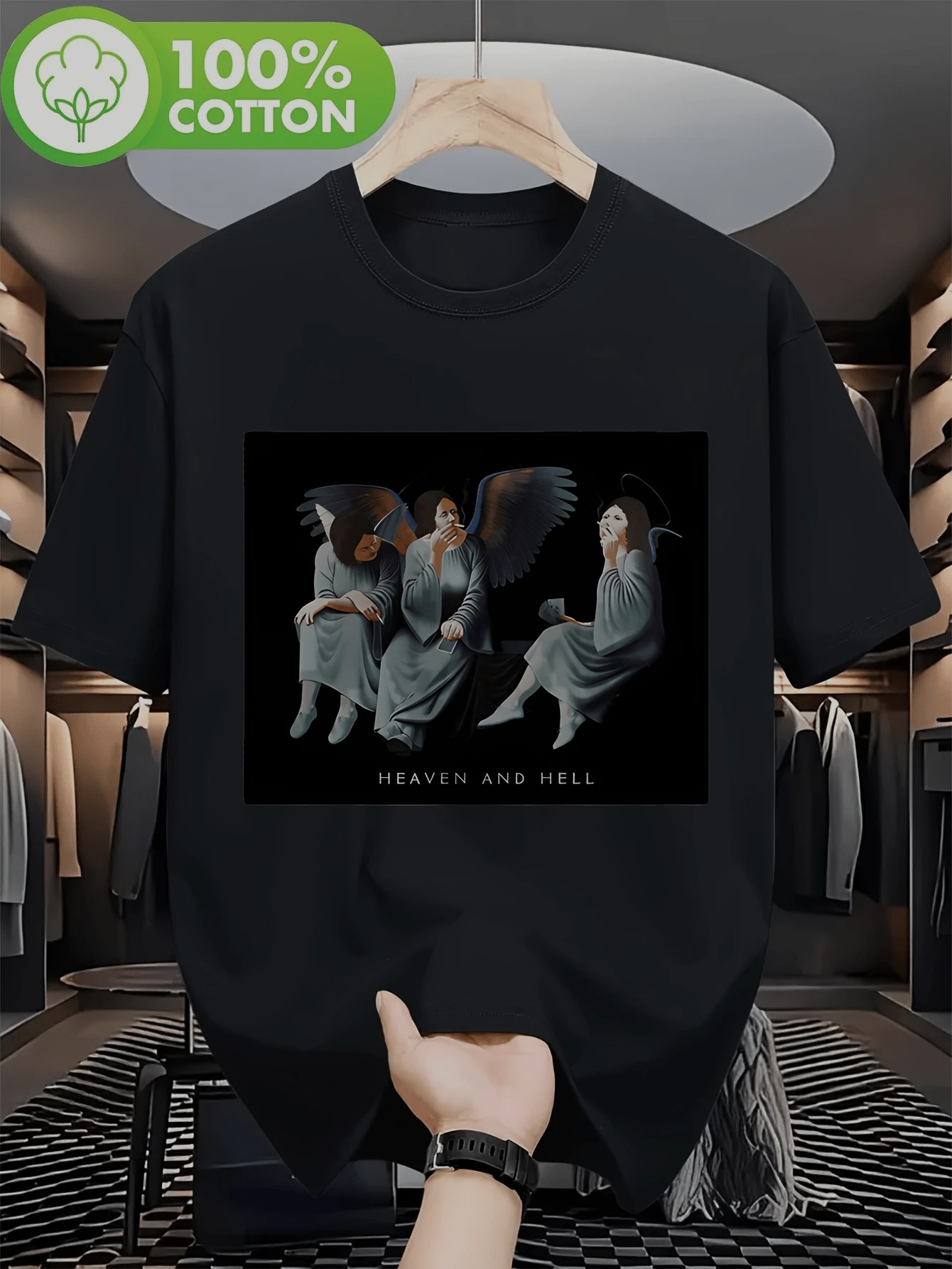 Schwarzes bedrucktes T-Shirt für Herren - "Heaven And Hell" mit Engel-Motiv, Rockband-Print, lässiges Sommer-T-Shirt mit kurzen Ärmeln und Rundhalsausschnitt, maschinenwaschbares Kleidungsstück für Konzerte, Fe