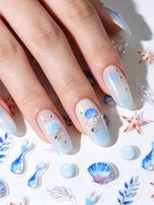 1pc Watercolor Gradient Mermaid Tail Shell Nail Stickers Ocean Plants Starfish Nail Decals Self-Adhesive Disposable Embossed Nail Art Decor Girly Style INS Suitable For Daily Wear And Dates - Multicolor - View 1