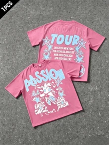 Men's Letter & Star Graphic Loose Round Neck Short Sleeve T-Shirt, World Tour T-Shirt-Premium Cotton Graphic Printed Round Neck T-Shirts - 淺粉色 - 查看 5