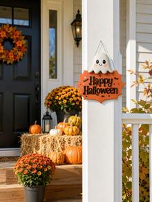 1pc-Happy Halloween Cute Ghost 3D Wooden Hanging Sign, Orange Bat Star Wall Plaque, Farmhouse Autumn Fall Home Decor, Vintage Halloween Entryway Front Door Wall Ornament, Halloween Party Decorative Gift For Home Indoor - Multicolor - View 5