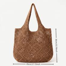 Large Capacity Hollow Knitted Tote Bag, Women's Lightweight Breathable Solid Color Woven Handbag, Suitable For Beach Travel Holiday Vacation Essentials - Brown - View 8