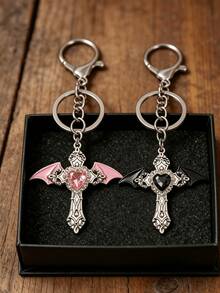 Y2K Gothic Angel Wings Cross Keychain With Rhinestone Heart, Vintage Dark Metal Bag Charm/Pendant, Suitable For Backpacks, Handbags And Car Key Accessories, Unisex Cosplay Party Accessory - Multicolor - View 8