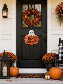 1pc-Happy Halloween Cute Ghost 3D Wooden Hanging Sign, Orange Bat Star Wall Plaque, Farmhouse Autumn Fall Home Decor, Vintage Halloween Entryway Front Door Wall Ornament, Halloween Party Decorative Gift For Home Indoor - Multicolor - View 4