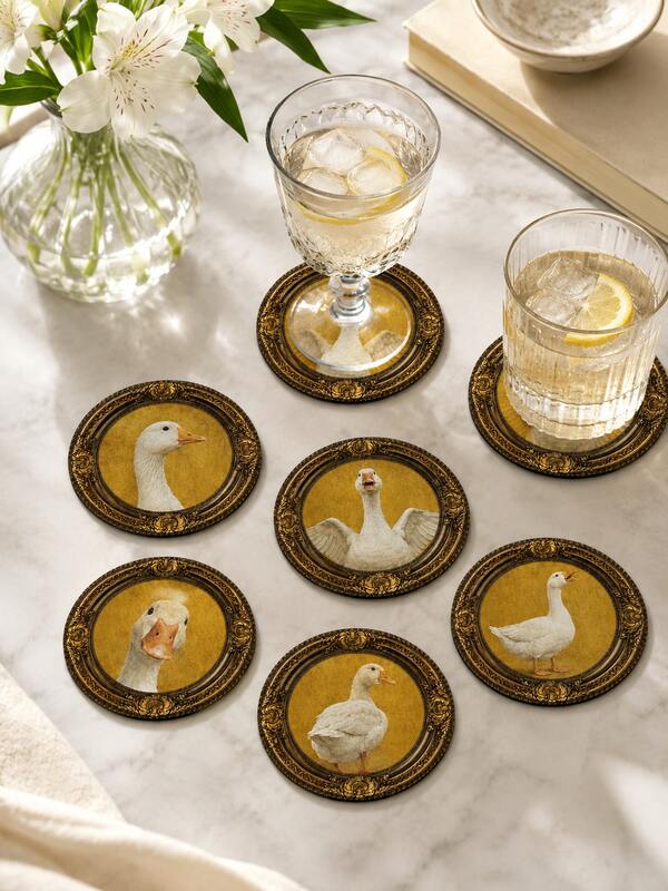 6pcs Vintage Goose Wooden Coasters, Funny Farmhouse Portrait Style Round Printed Wood Drink Coaster Set With Gold Frame Goose Pattern, Decorative Cup Mats For Kitchen Coffee Table Home Decor