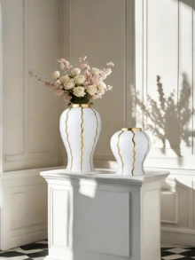 1PC White & Gold Wavy Striped Ceramic Vase Set, Modern Luxury Decorative Flower Vases For Living Room Table Home Decor - Watermelon Pattern General Jar - View 4