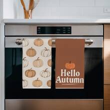 2件裝復古暖咖啡色Hello Autumn南瓜圖案廚房抹布，40*60cm柔軟超細纖維材質茶巾，適用於居家廚房、餐廳、戶外露營桌面清潔、洗碗布、手巾配件，節日禮物 - 彩色 - 查看 9