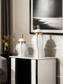1PC White & Gold Wavy Striped Ceramic Vase Set, Modern Luxury Decorative Flower Vases For Living Room Table Home Decor - Watermelon Pattern General Jar - View 10