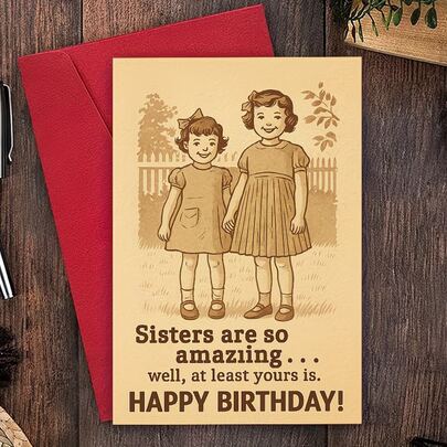 1 Funny Sister Birthday Card - Vintage Red Ball Ornament Sister Theme, Birthday Wishes From Brother Or Sister - Birthday Party Decoration And Gift, No Power Needed, Includes Holiday Envelope, Whimsical Illustration Design