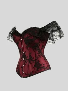 Halloween Atmosphere Black & Red Lace Corset, French Puff Sleeve Patchwork Bustier, Waist-Cinched Body-Shaping Tight Top - Burgundy - View 2