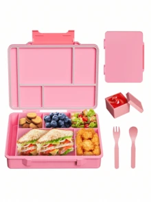 Cute Pink Bento Box Set With Spoon, Fork And Sauce Container, Multi-Compartment Leak-Proof Large Capacity Food Container, Suitable For School Cafeteria Picnic Portion Control Box, Back To School Gift - Multicolor - View 4