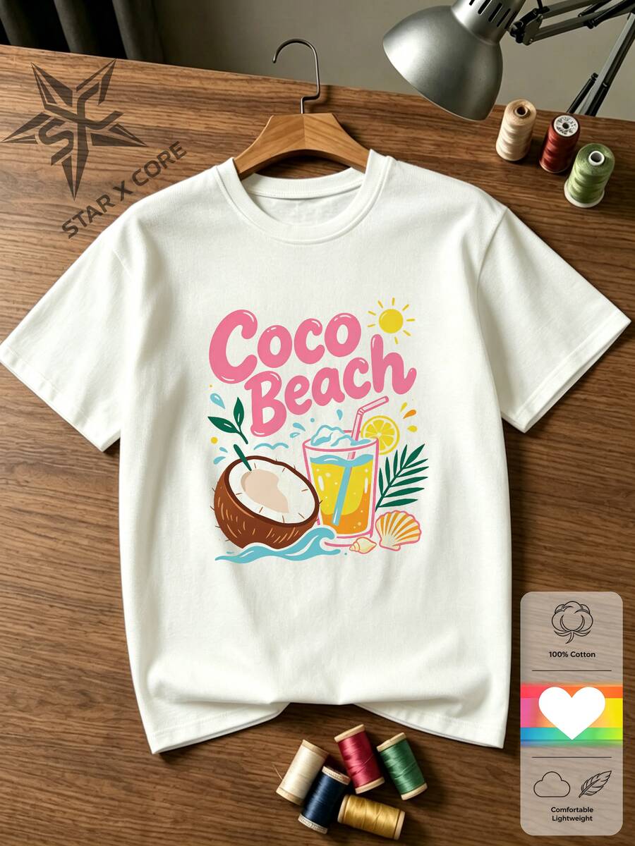 تي شيرت قطني بطباعة كوكتيل وجوز الهند بتصميم استوائي حديث من COCO BEACH لعطلة الصيف في الصيف - أبيض - مشاهدة 1