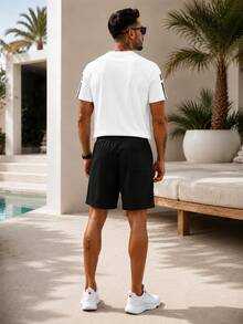 2pcs/Set Men's Unique Striped Print Summer Outfit, Including Round Neck Short Sleeve T-Shirt And Sports Shorts With Pockets And Drawstring - White - View 8