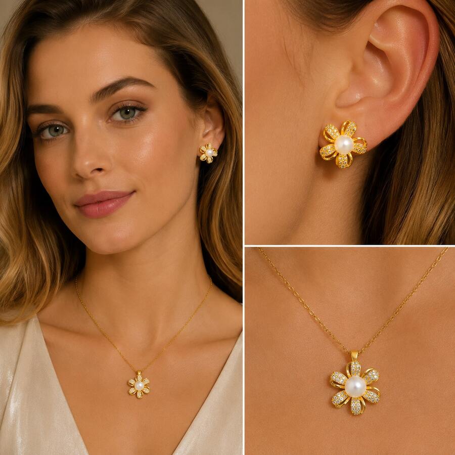 1 Set Stainless Steel Chain Zirconia Flower Faux Pearl Pendant Women's Fashion Necklace & Earrings Jewelry Set, Gift Accessory - Multicolor a - View 1