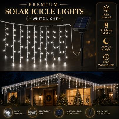 2pcs Solar Powered White Icicle Lights, Outdoor Hanging String Lights, 8 Flashing Modes, Solar LED Decorative Lights, Suitable For Garden, Patio, Balcony, Eaves, Party, Holiday Home Decor