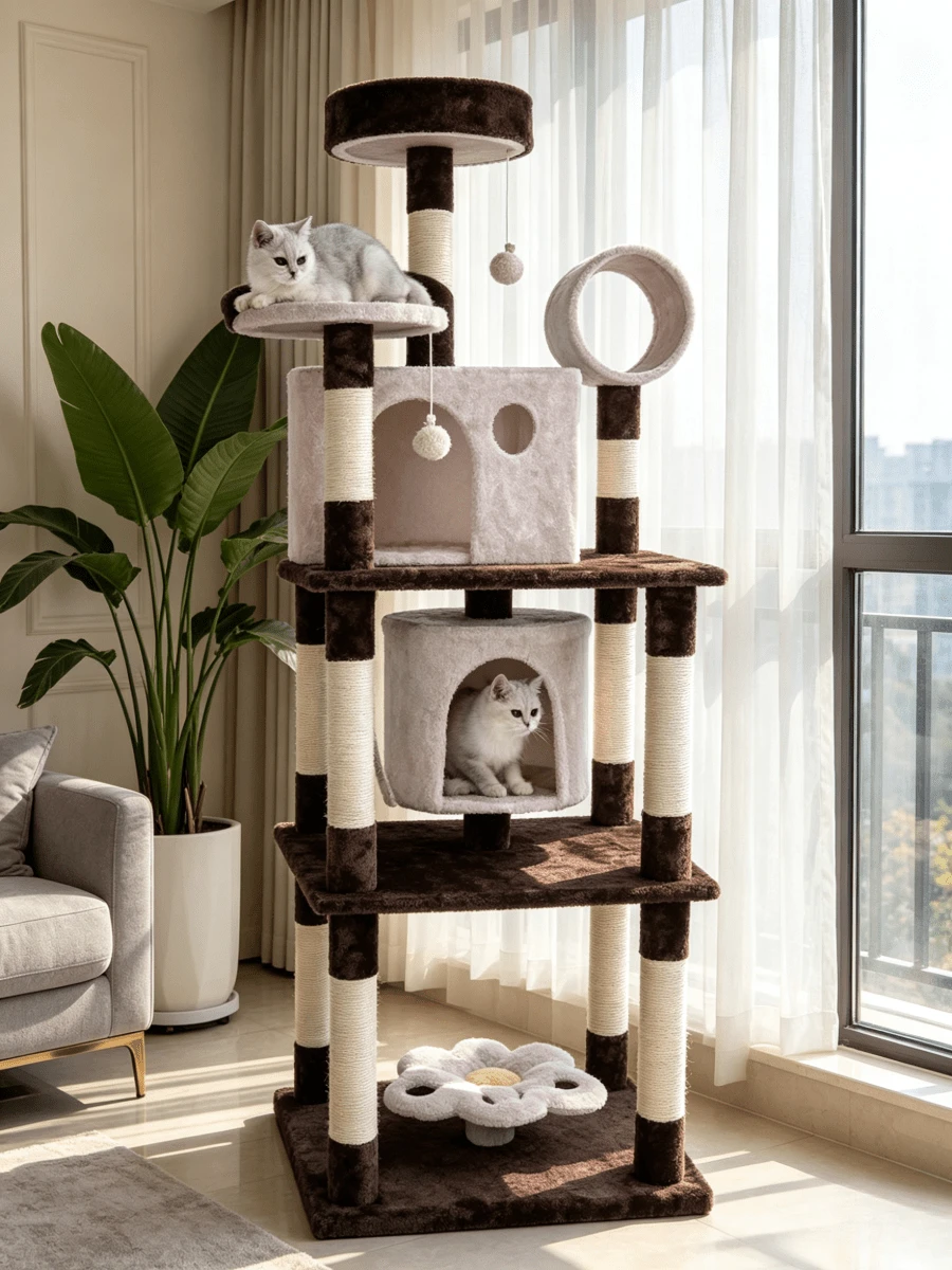 1pc Large Multi-Level Dark Brown Cat Tree With Sisal Scratching Posts, Dual Cat Houses, Tunnels And Jumping Platforms, An Integrated Wear-Resistant Cat Tower For Cats To Rest And Sharpen Claws. - Multicolor - View 1