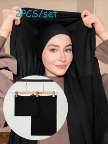 2 قطعة/مجموعة وشاح رأس نسائي بلون موحد من الشيفون، قبعة دلو مطابقة، وشاح رأس شيفون مريح وقابل للتنفس مع غطاء داخلي من القطن عالي الجودة - الأسود - مشاهدة 1
