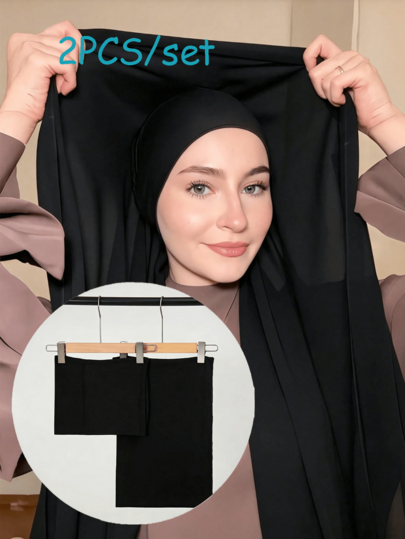 2 piezas/Set Pañuelo de cabeza de gasa de unicolor para mujer, sombrero de cubo a juego, pañuelo de gasa cómodo y transpirable con gorro interior de algodón de alta calidad