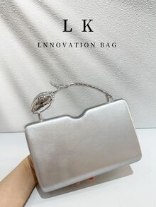 1 Peça Bolsa de Noite Feminina Retangular Minimalista de Couro PU Preto Fosco, Alça de Metal com Flor de Tulipa Dourada 3D, Clutch Rígida de Luxo Elegante Formal Transversal, Adequada para Casamento, Festa, Baile de Formatura, Jantar de Aniversário e Looks Noturnos - Multicolorido - Visão 9
