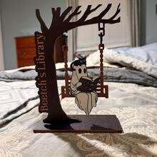 1pc Customizable Wooden Ghost Book Tree Stand Decor, Chilling Ghost On Swing - Cute Ghost Decoration, Library Sign, Adopt A Ghost, Reading Decor, Halloween Decor, Autumn Decor, Book Lover Gift, Desk Ornament - Multicolor - View 4