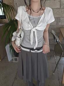 Striped 2 In 1 Short Sleeve T-Shirt Women's Summer Korean Style Design V-Neck Lace-Up Bow Top Casual White - White - View 3