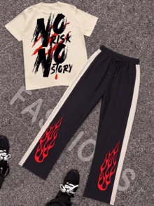 Men's Letter Print Crew Neck Short Sleeve T-Shirt And Long Pants Casual Daily Outfit - Apricot - View 2