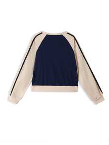 Sweatshirt Kasual Minimalis Digital Print Leher V Bergaya Remaja dengan Blok Warna - Navy Blue - View 4