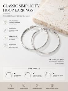1 Pair Minimalist Premium Modern Light Luxury French Vintage Niche Commuter Cold Style Simple Crisp 316 Stainless Steel Silver Large Hoop Polished Round Ear Cuffs Earrings For Women, Daily Commute, Office, Dating, Party, Wedding, Evening Banquet, Vacation, Bestie Gathering, Graduation Season, Anniversary, Christmas, Valentine's Day, Mother's Day Gift, Casual Outing, Vintage Market, Artistic Store Visit - Silver - View 4