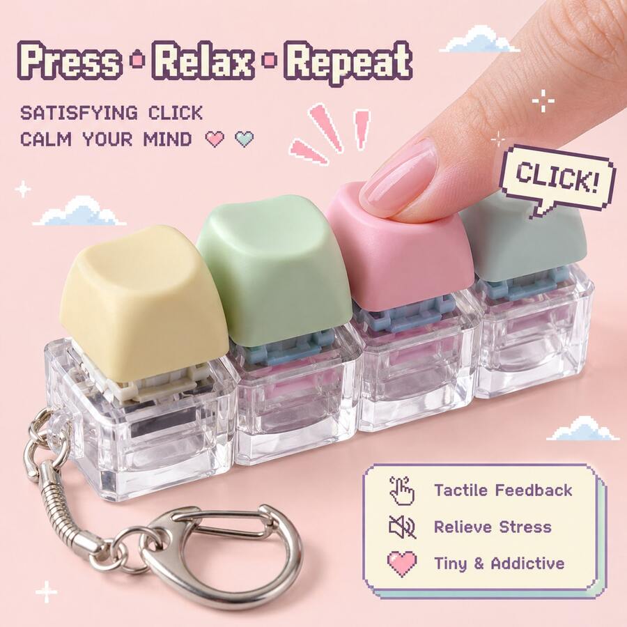 Keyboard Fidget Toy, Cute Clicker Keyboard Fidget For Adults Relieve Stress And Anxiety Decompression Keyboard Fidget Keychain For Adults Colorful Clicker Button Keychain For Work Stress Relief ADHD Autism ASMR - Multicolor - View 1