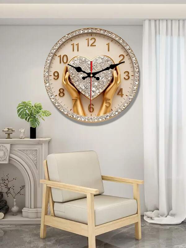 2D Flat 1pc Gold Hand-Held Diamond Heart-Shaped Silent Round Swiss Quartz Wooden Wall Clock For Bedroom Living Room Office Kitchen Coffee Shop Decoration 10/12 Inch (AA Battery Not Included) Perfect Christmas New Year Gift