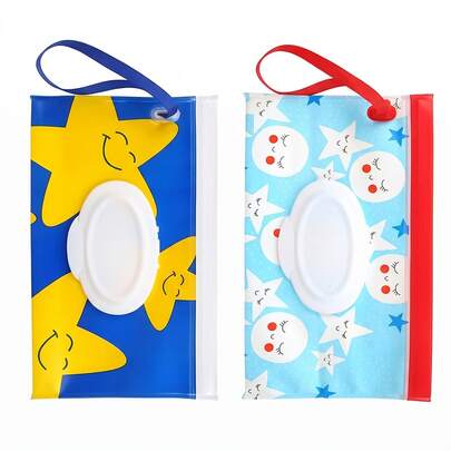 2pcs Reusable Wet Wipes Storage Bags, Cute Cartoon Star & Moon Print Portable Storage Bags With Hanging Ring, Suitable For Outdoor Travel And Daily Use