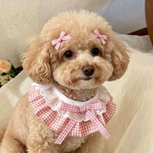 1 Set Plaid Ruffle Lace Adjustable Pet Bib With Matching Bow Accessory, Sweet Cute Pet Collar And Bow Hair Clip Set, Adjustable Tie Drool Bib, Suitable For Cats And Dogs Daily Wear, Party, Photography Outfit Pet Clothing Accessories - Multicolor - View 3