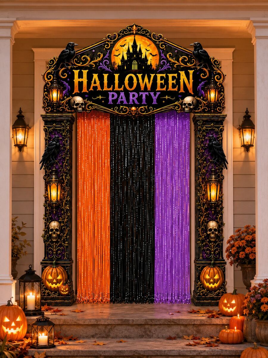 5pcs Halloween Door Decor Set, Halloween Party Entrance Arch Banner With Foil Fringe Curtain, Porch Sign Banner, Hanging Rope, Polyester Haunted House Doorway Backdrop, Suitable For Indoor/Outdoor Party Porch Yard Photo Booth Decoration - View 1