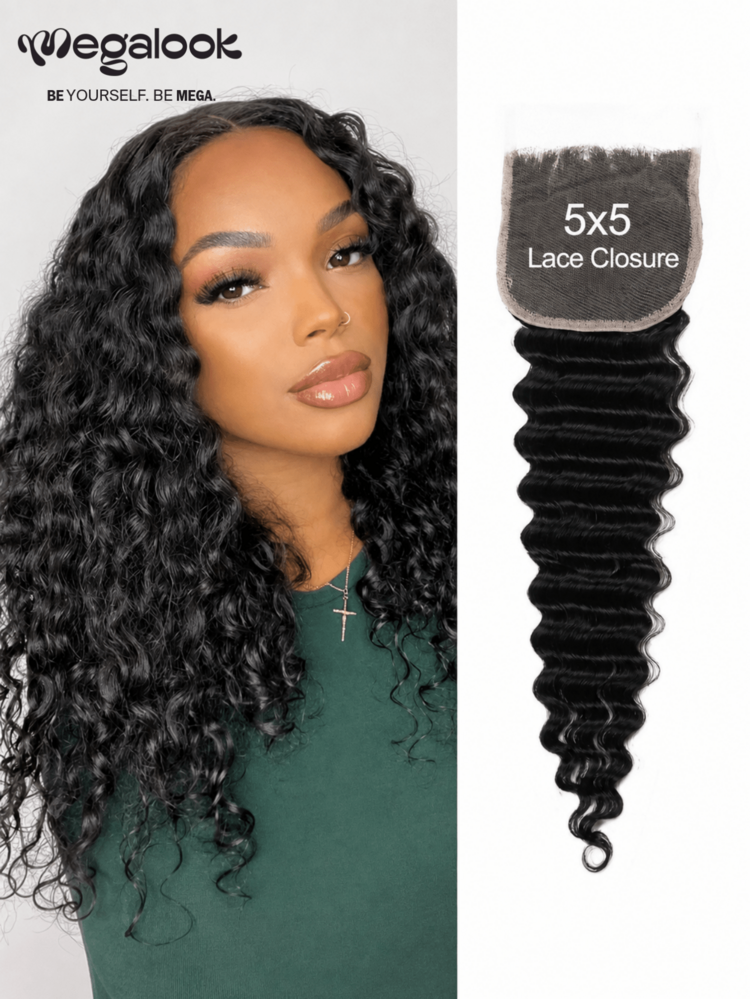 MEGALOOK Deep Wave 5x5 Transparent Lace Frontal Closure Free Part Pre Plucked Unprocessed Human Hair Extension 10-20 Inch Natural Black Color Soft & Full For Women Daily Use - SNatural - View 1
