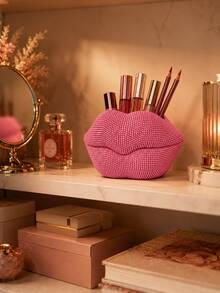 Soporte para brochas de maquillaje con forma de labios brillante, caja de almacenamiento de cosméticos con forma de labios con cristales, organizador de tocador estético, adecuado para brochas de maquillaje, bolígrafos y cosméticos, regalo ideal para entusiastas del maquillaje, dormitorio, baño, organizador de cabello - Ver 8
