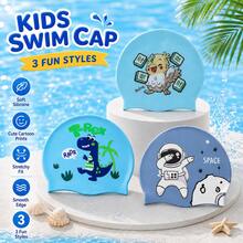 Children's Cartoon Print Silicone Swim Cap, Dinosaur Astronaut Bird Pattern, High Elasticity Snug Fit Unisex Kids Swimming Cap, B, First Day Of School - Blue - View 2