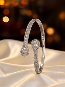 1pc Luxury Double Pear-Shaped Water Drop Open Cuff Bracelet, Hollow Water Drop Design, Elegant Women's Daily & Evening Wear Thin Bangle - Bracelet - View 1