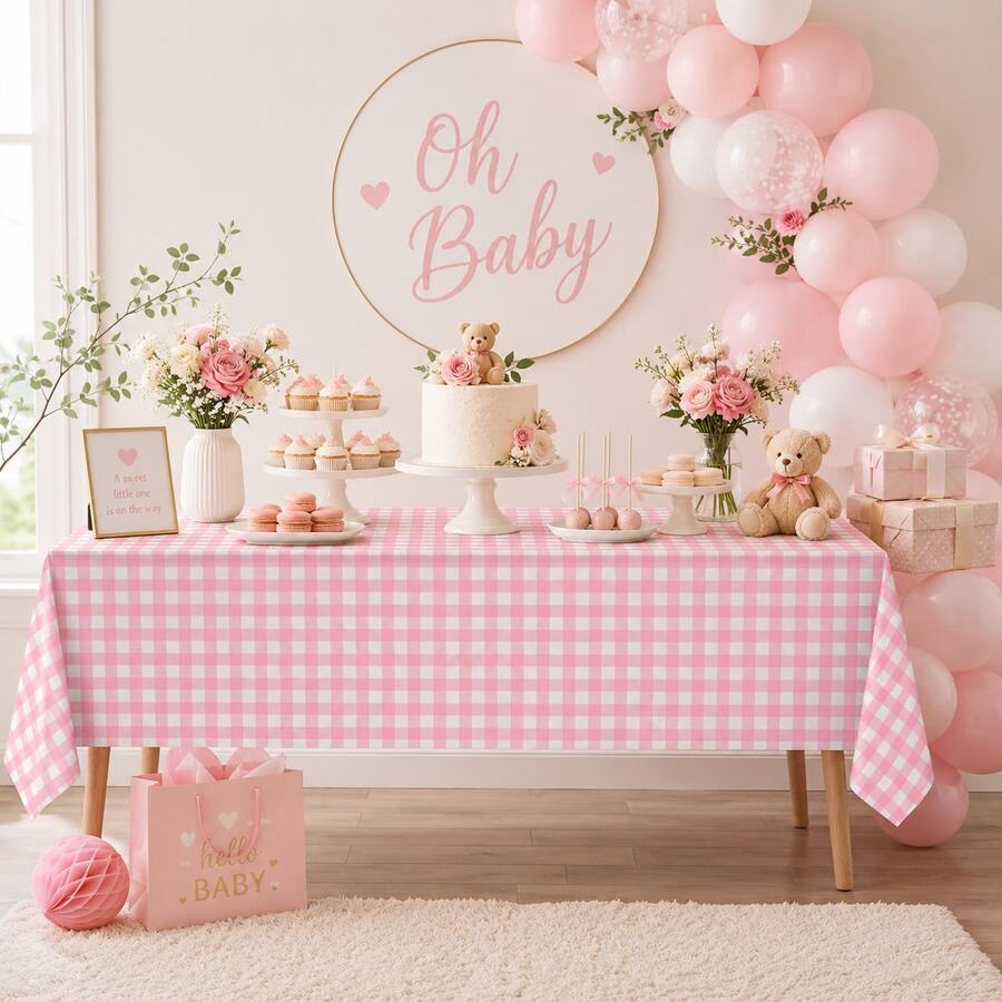 YOOTEEN 2 Pack Pink & White Plaid Tablecloths, 54 X 108 Inches, Disposable Party Picnic Tablecloths, Splash-Proof Plastic Plaid Tablecloths, Suitable For Camping Decor, Party Gifts, Christmas Party Tablecloths, Halloween, Mother's Day, Graduation Ceremony And Other Occasions - Pink - View 1
