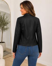 Women's White Leather Jacket Long Sleeve Stylish Winter Blazer Jacket Black Festa Junina - 黑色皮革 - 查看 2