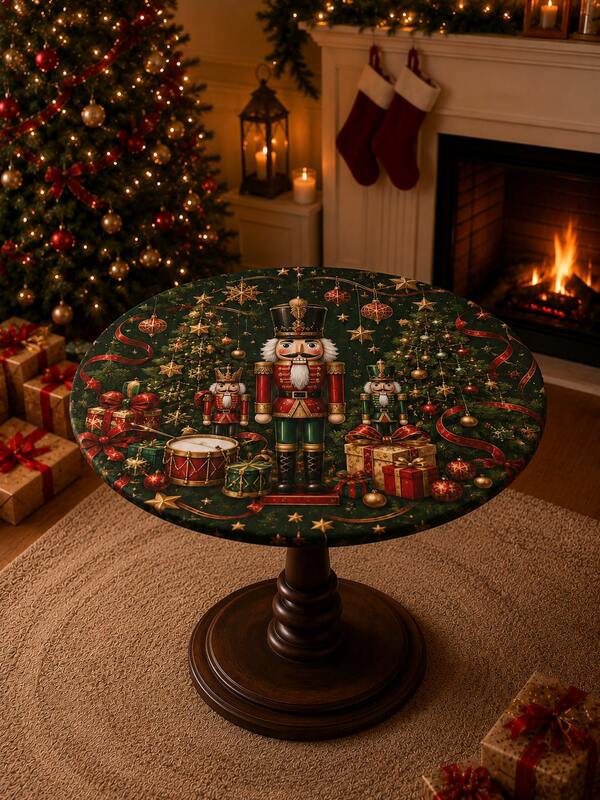 1pc Christmas Round Tablecloth, Nutcracker Gift Drum Ornament Star Print Table Cover, Festive Xmas Dining Table Decor, Kitchen Living Room Holiday Party Decoration