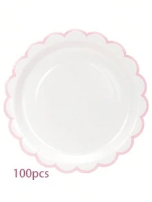 10/20/50/100入 白色與粉色紙盤，7/9英吋一次性扇形波浪邊甜點盤，婚禮、新娘派對、生日派對用品 - 白底粉邊 - 查看 13