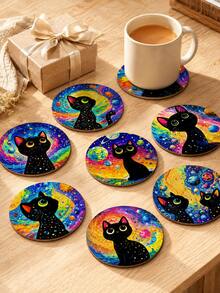 10pcs Galaxy Black Cat Wooden Coasters, Colorful Space Style Round Printed Wood Drink Coaster Set With Star Planet Cat Pattern, Decorative Cup Mats For Coffee Table Bedroom Party Decor - F - View 6