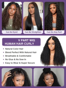 V Part Kinky Curly Human Hair Wig No Leave Out No Glue No Sew In Blends Seamlessly with Kinky Curly Wig 180% Density U Part Wig Upgrade Beginner Friendly Natural Color Easy To Wear - Natural Black - Übersicht 5